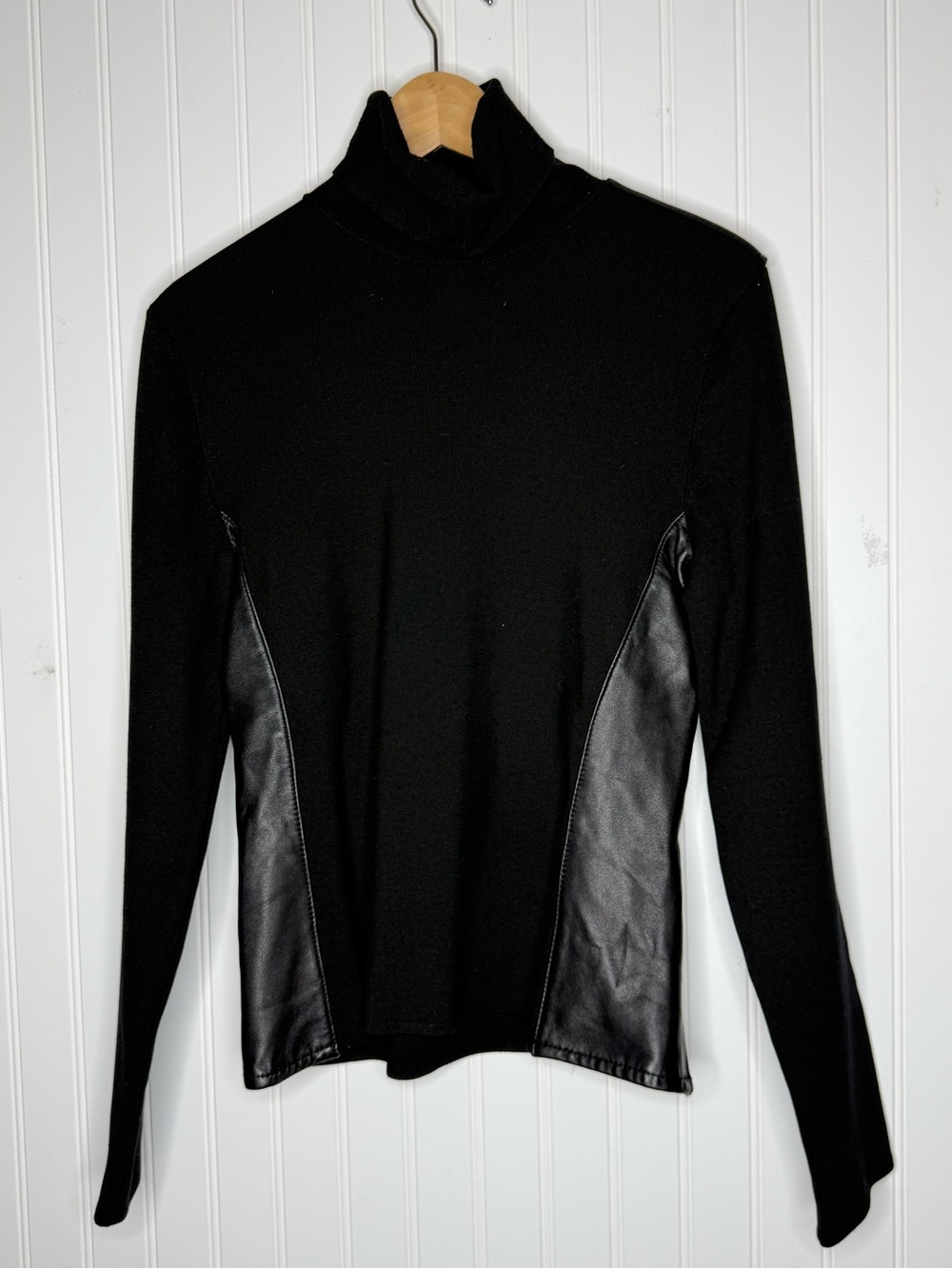 Cupio Contrast Leather Silk blend Long Sleeve Mock Turtleneck Sweater Top XL
